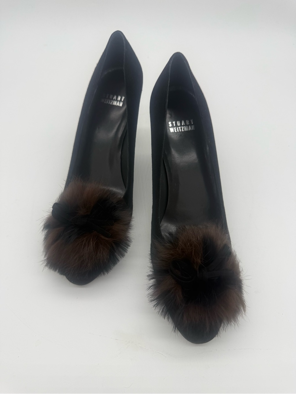 Stuart Weitzman Black Pumps with Brown Fur Pom-Poms